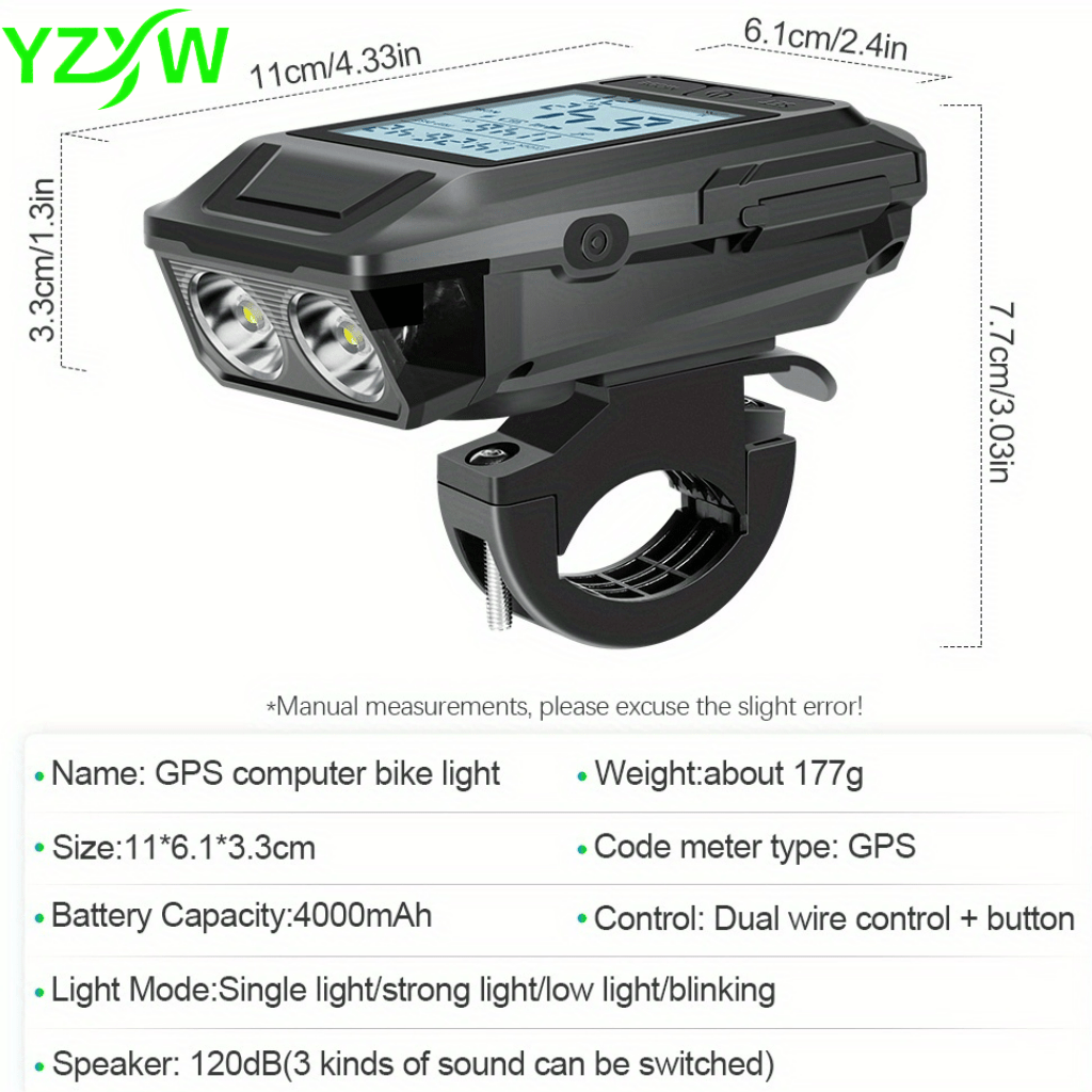 3in1 GPS Bicycle Computer, Strong LED Headlight + GPS Speedometer + Horn, Bike Speedometer, Ideal for Mountain And Road Bikes, Cycling Compture, Bicycle Computer Extension Bracket, Wireless Bike Odometer, Outdoor Cycling Accessories, Christmas Gift