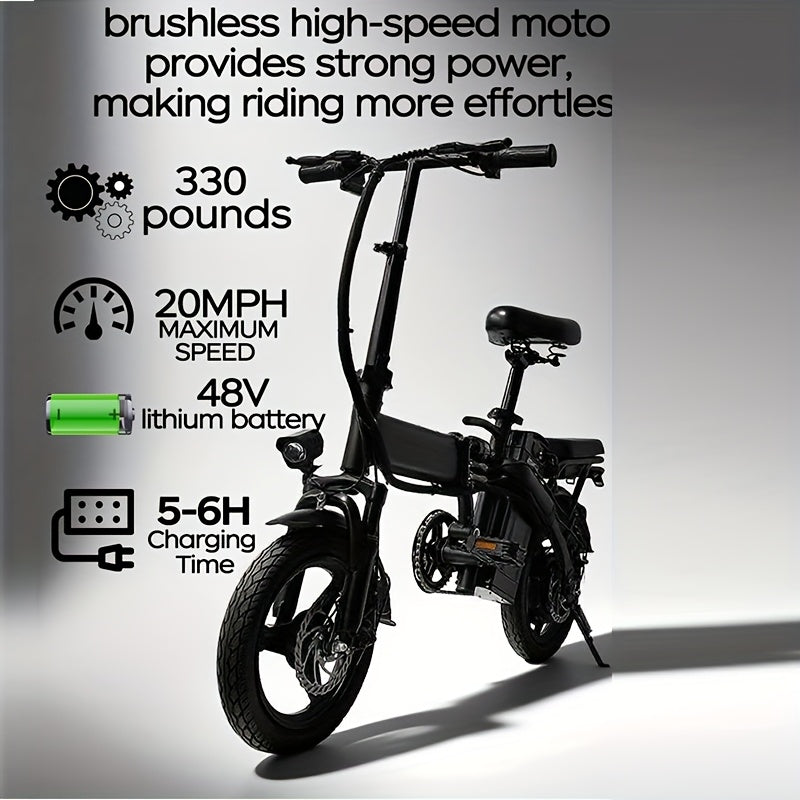 14-inch Lightweight Folding Electric Bicycle, 330 Pound Load-bearing Capacity, 20 Mph, 18-28mile Range, 48V Lithium Battery, Front Headlight & Disc Brake, Alloy Steel Frame, City Commuting, Sturdy Structure, , Clearance Sale, Suitable For Gifting