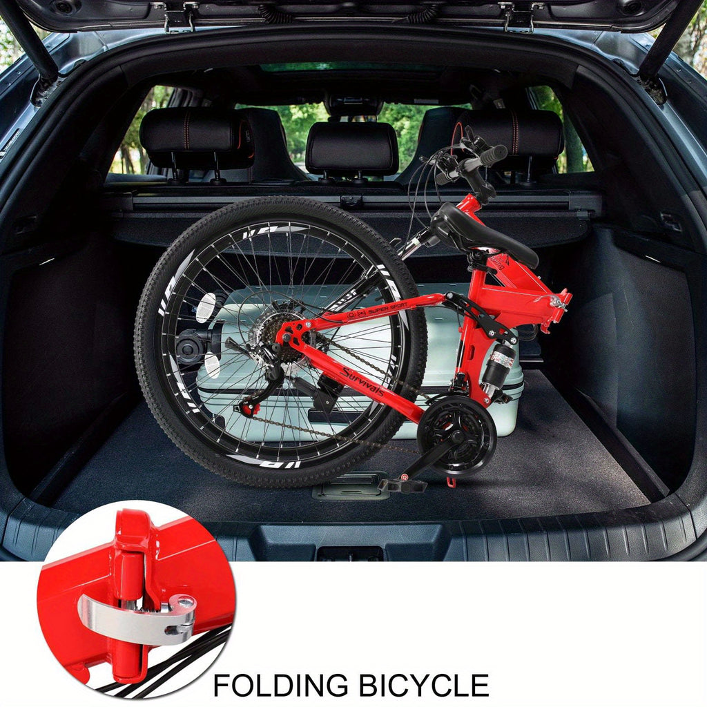 Folding Mountain Bike 26in Folding Mountain Bike - 21-Speed with Disc Brakes, High-Carbon Steel Frame, Alloy Steel Wheels, Front Suspension & Adjustable Saddle Height - Red Urban-Ready Bike for Men & Women, Commuting, Off-Road Adventures