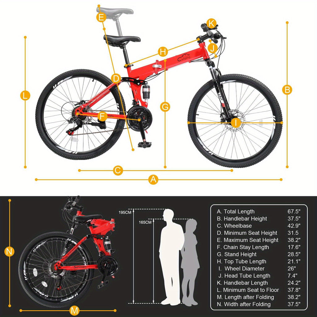 Folding Mountain Bike 26in Folding Mountain Bike - 21-Speed with Disc Brakes, High-Carbon Steel Frame, Alloy Steel Wheels, Front Suspension & Adjustable Saddle Height - Red Urban-Ready Bike for Men & Women, Commuting, Off-Road Adventures