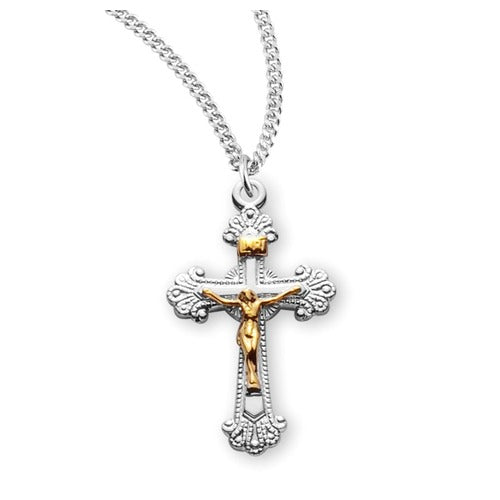 Two-Tone Scalloped Crucifix Necklace – Gold or Sterling Silver