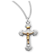 Two-Tone Scalloped Crucifix Necklace – Gold or Sterling Silver