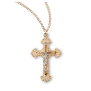 Two-Tone Scalloped Crucifix Necklace – Gold or Sterling Silver