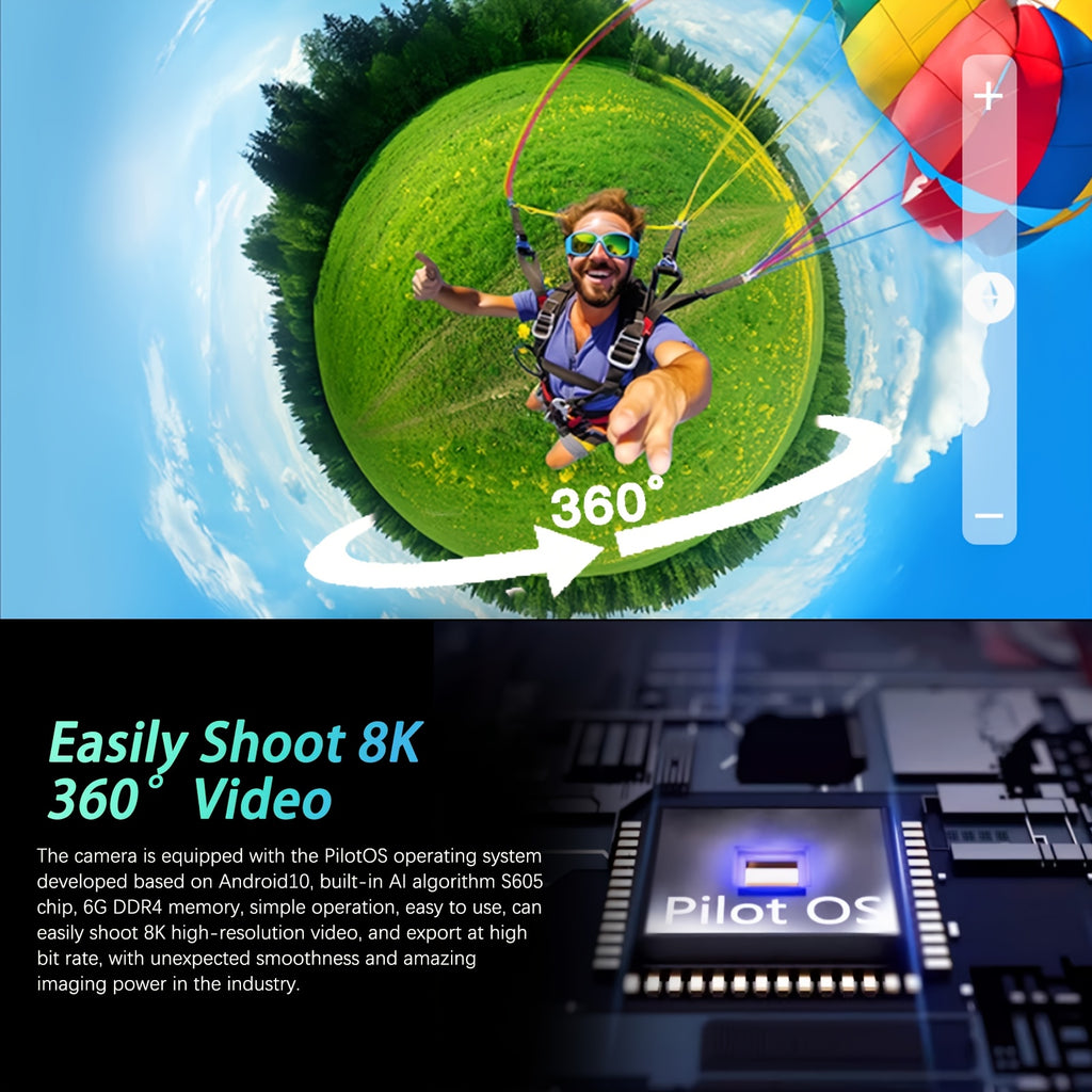 8k 360 WiFi GPS Motorcycle Action Camera Split-Screen Shooting In-Camera Editing, 3 Inch Display, Invisible Selfie Stick, Lens Guards+Protect Case, Micro SD Card For Sports, Travel