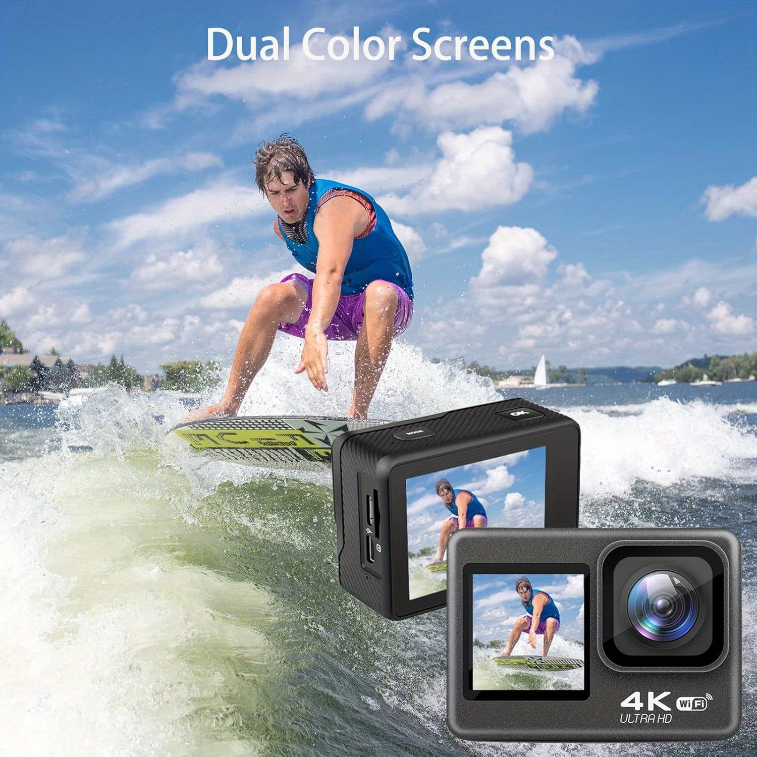 4K Action Camera Ultra HD 4K 60FPS Dynamic Camera, 20MP EIS Action Camera | Dual Screen Wi-Fi Touch Screen 170° Wide Angle Vlog Camera with Remote Control 4x Zoom and 32G Memory Card