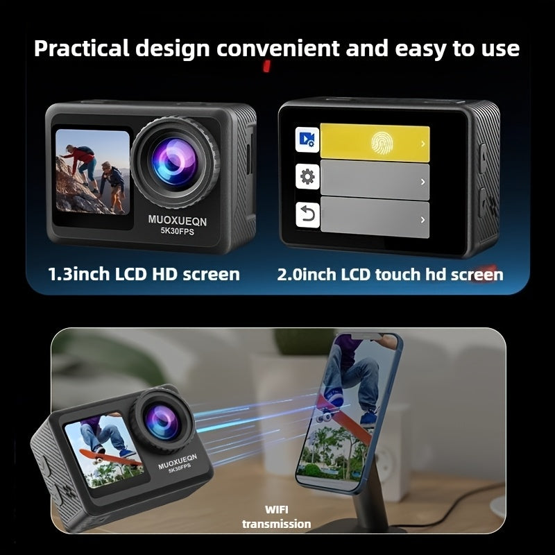 5K 30FPS Action Camera EIS Anti-shake, Battery*2, 15 Accessories, 30-meter Water Resistance, WIFI, Rotatable Touch Screen, Mobile Phone APP Control, Outdoor Extreme Challenge Photography And Video Recording, First-person Perspective Shooting