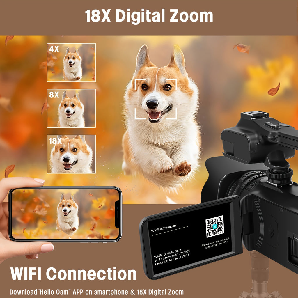 6K 64MP Video Camera Camcorder, 18X Digital Zoom IR Night Vision Vlogging, 4.0\