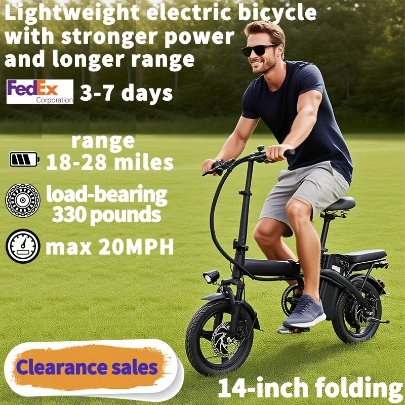 14-inch Lightweight Folding Electric Bicycle, 330 Pound Load-bearing Capacity, 20 Mph, 18-28mile Range, 48V Lithium Battery, Front Headlight & Disc Brake, Alloy Steel Frame, City Commuting, Sturdy Structure, , Clearance Sale, Suitable For Gifting