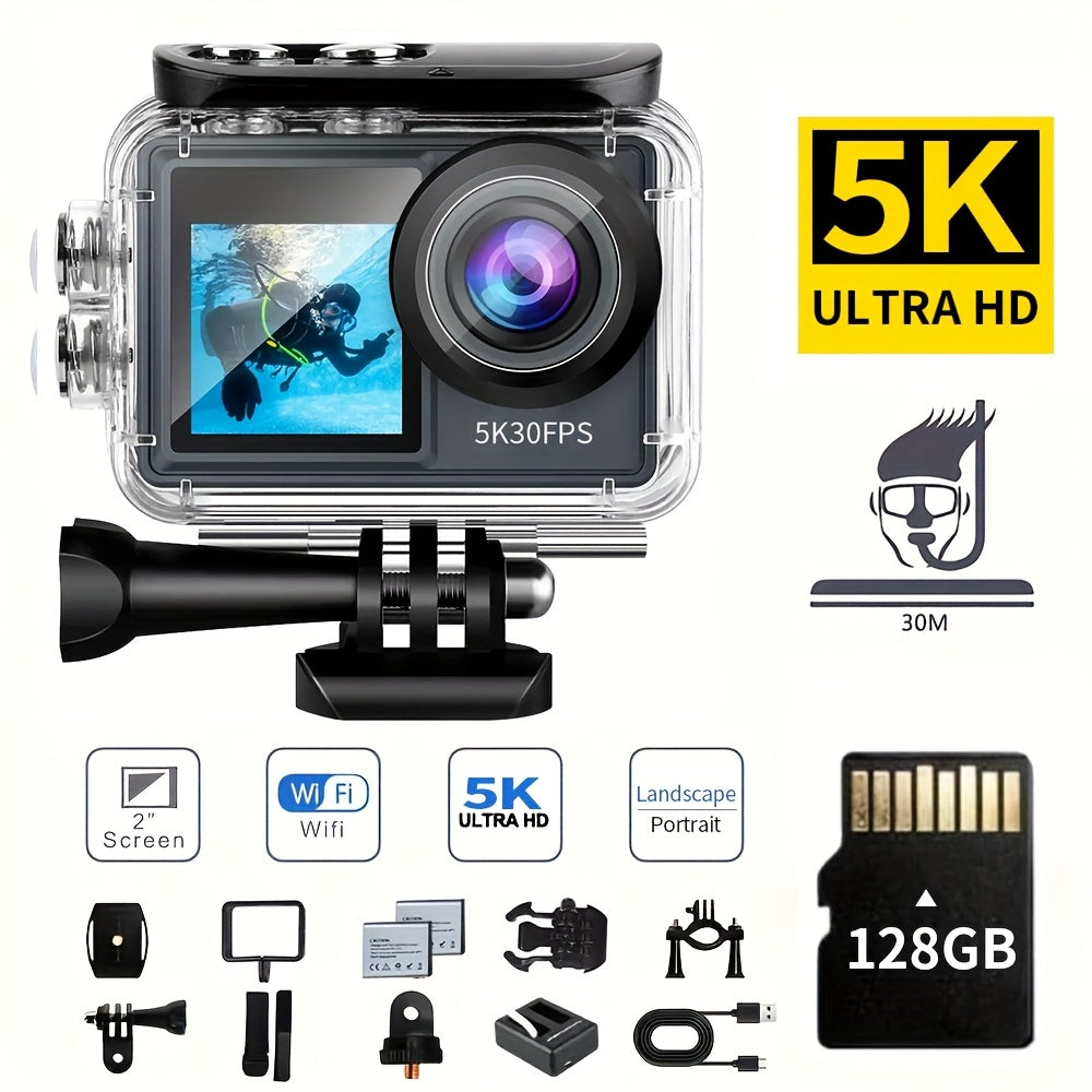 5K 30FPS Action Camera EIS Anti-shake, Battery*2, 15 Accessories, 30-meter Water Resistance, WIFI, Rotatable Touch Screen, Mobile Phone APP Control, Outdoor Extreme Challenge Photography And Video Recording, First-person Perspective Shooting
