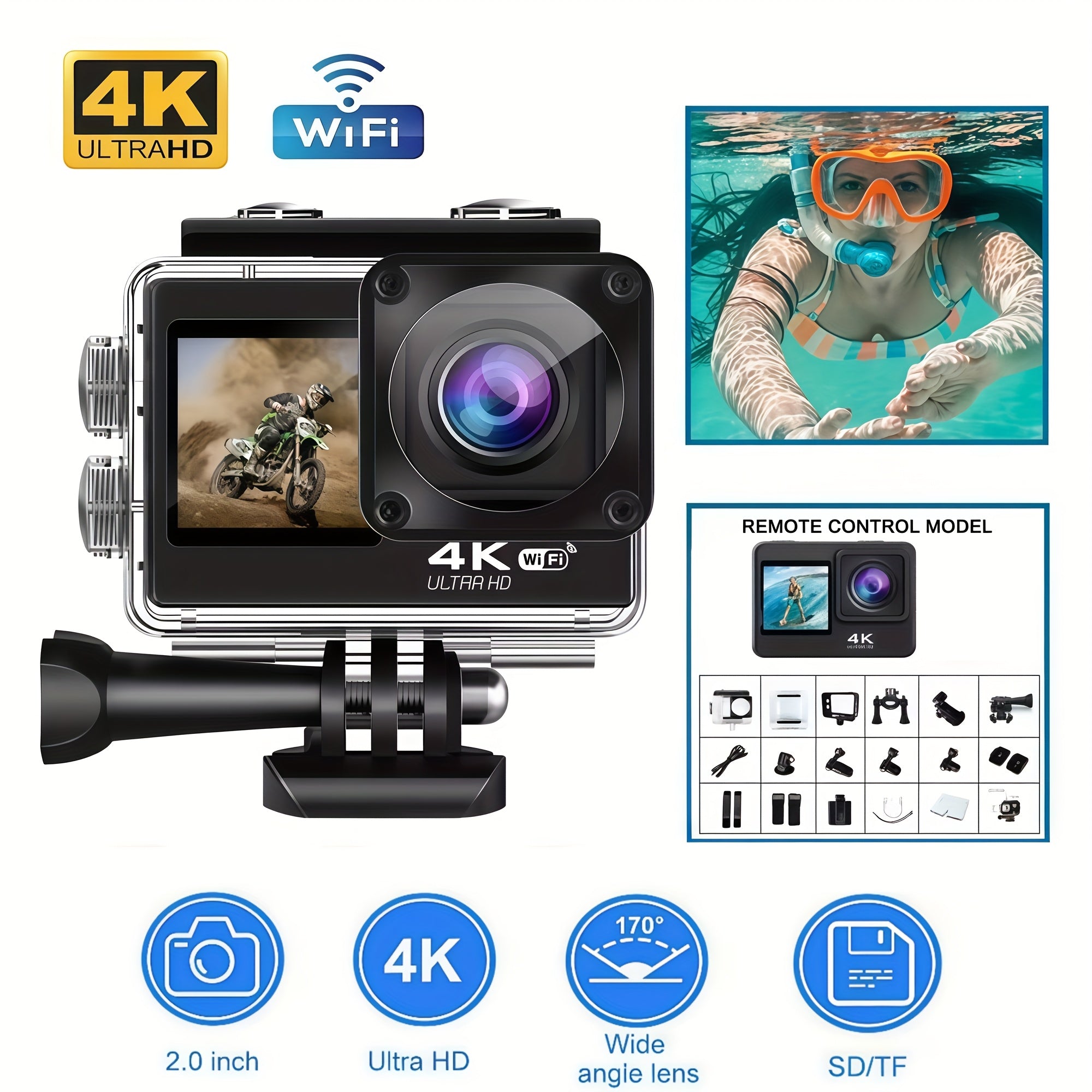 4K Action Camera Ultra HD 4K 60FPS Dynamic Camera, 20MP EIS Action Camera | Dual Screen Wi-Fi Touch Screen 170° Wide Angle Vlog Camera with Remote Control 4x Zoom and 32G Memory Card