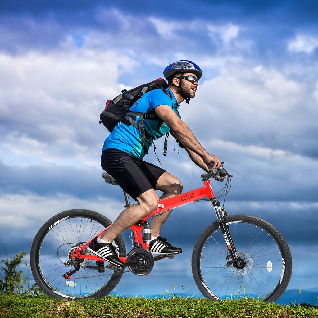Folding Mountain Bike 26in Folding Mountain Bike - 21-Speed with Disc Brakes, High-Carbon Steel Frame, Alloy Steel Wheels, Front Suspension & Adjustable Saddle Height - Red Urban-Ready Bike for Men & Women, Commuting, Off-Road Adventures