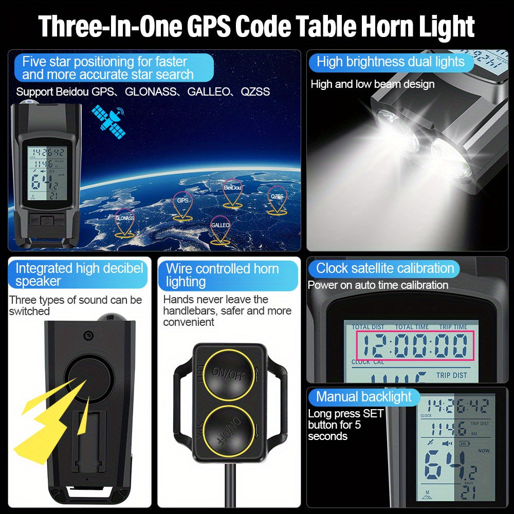 3in1 GPS Bicycle Computer, Strong LED Headlight + GPS Speedometer + Horn, Bike Speedometer, Ideal for Mountain And Road Bikes, Cycling Compture, Bicycle Computer Extension Bracket, Wireless Bike Odometer, Outdoor Cycling Accessories, Christmas Gift