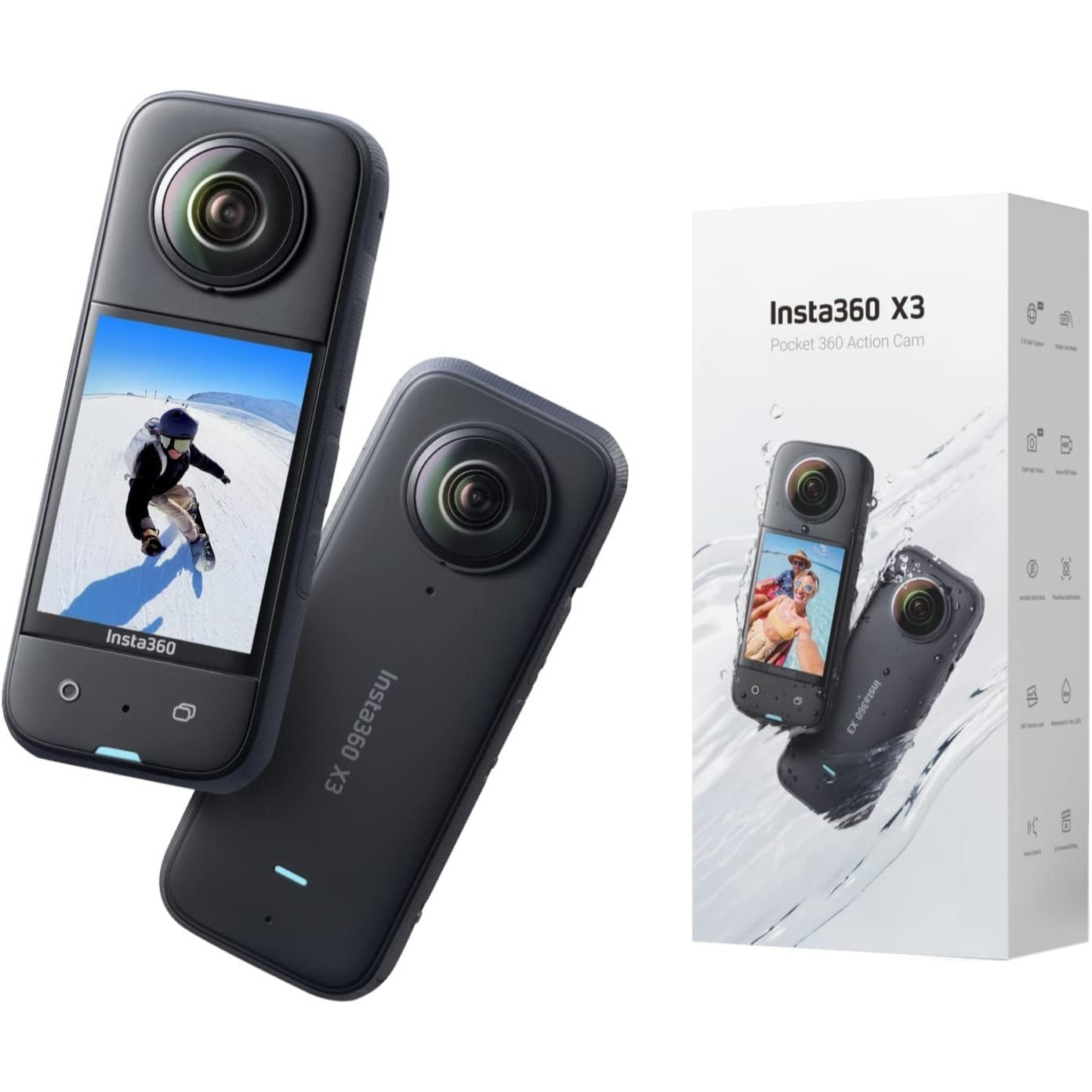 Insta360 X3 Waterproof 360 Action Camera 5.7K 72MP 360 Photo, 4K Single-Lens, 60fps Touchscreen, AI Editing (Renewed)