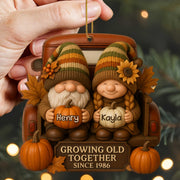 Growing Old Together With Gnomes And Autumn Leaves - Personalized Custom Wood Ornament, Custom Shaped - CPL596_WDO