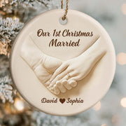 Our 1st Christmas Engaged, Hands With Ring - Personalized Custom Ceramic Ornament With Round Shape - CPL773_RCE