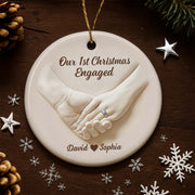 Our 1st Christmas Engaged, Hands With Ring - Personalized Custom Ceramic Ornament With Round Shape - CPL773_RCE