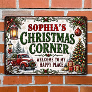 Christmas Corner Welcome To My Happy Place Red Truck Tree - Personalized Metal Sign - FAM1065_MSIGN