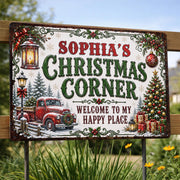 Christmas Corner Welcome To My Happy Place Red Truck Tree - Personalized Metal Sign - FAM1065_MSIGN