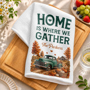 Home Is Where We Gather Vintage Truck And Autumn Pumpkins - Personalized Kitchen Towel - FAM1108_TOWL