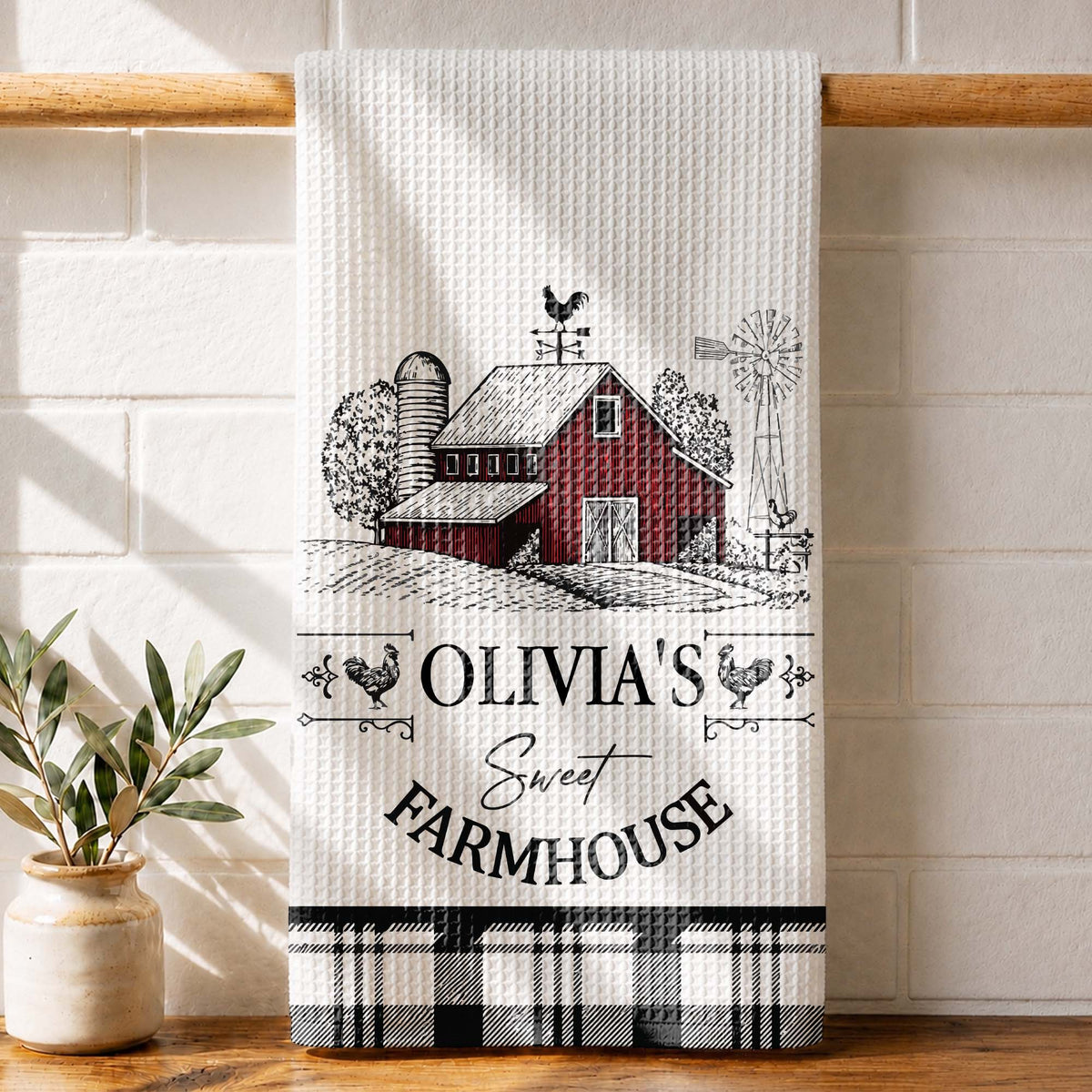 Sweet Farmhouse Custom Name Barn And Rooster Design - Personalized Kitchen Towel - FARM082_TOWL