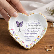 To My Granddaughter On Your Wedding Day Butterfly And Wildflowers Ceramic Dish - Personalized Custom Jewelry Dish, Ceramic Dish, Heart Shape - GDT815_HCRF