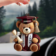 Graduation Cap, Diploma, Teddy Bear - Personalized Custom Wood Ornament, Car Hanging Ornament - GRAD021_WCA
