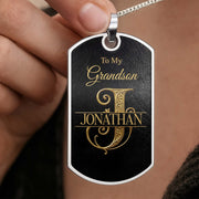 To My Grandson Initial Name Scrollwork Design - Personalized Custom Dog Tag Necklace - GSN091_DTNECK