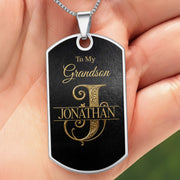 To My Grandson Initial Name Scrollwork Design - Personalized Custom Dog Tag Necklace - GSN091_DTNECK