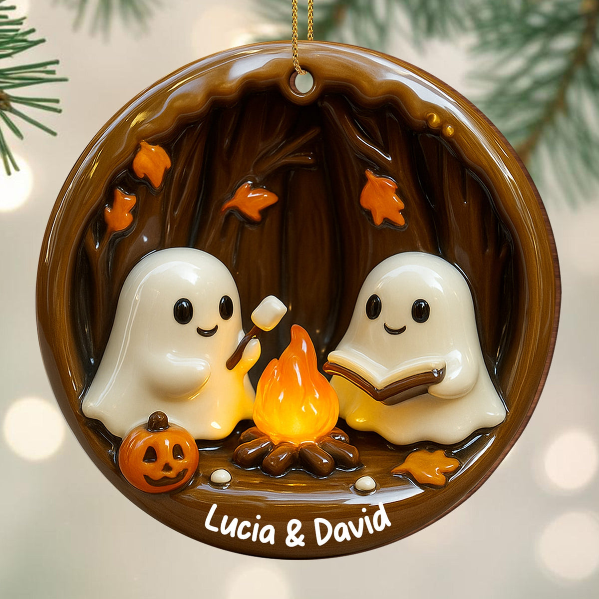 Cozy Halloween Campfire Scene With Ghosts And Pumpkin - Personalized Custom Wood Ornament, Custom Shaped - HALW029_WDO
