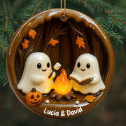 Cozy Halloween Campfire Scene With Ghosts And Pumpkin - Personalized Custom Wood Ornament, Custom Shaped - HALW029_WDO