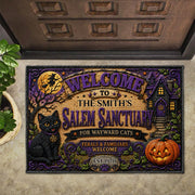 Welcome To Our Salem Sanctuary Black Cat And Pumpkin - Personalized Custom Doormat - HALW110_DRM