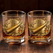 Savor The Taste Of Victory Playing Cards And Cigar Design - Personalized Custom Whiskey Glass - HOB225_RWG