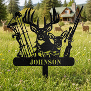 Our Family Name Deer Buck Bow And Rifle Hunting Design - Personalized Metal Garden Stake - HOB384_MEGSTA