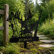 Our Family Name Deer Buck Bow And Rifle Hunting Design - Personalized Metal Garden Stake - HOB384_MEGSTA