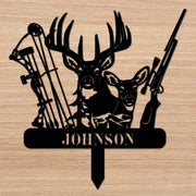 Our Family Name Deer Buck Bow And Rifle Hunting Design - Personalized Metal Garden Stake - HOB384_MEGSTA