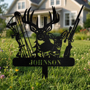 Our Family Name Deer Buck Bow And Rifle Hunting Design - Personalized Metal Garden Stake - HOB384_MEGSTA