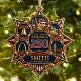 America 250 The Family With Landmarks Statue Of Liberty And Liberty Bell - Personalized Custom Wood Ornament, Custom Shaped - INDE672_WDO