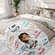 I Am Strong, Brave And Unique, Cartoon Character Blanket - Personalized Custom Blanket - KID243_BLK