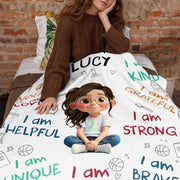 I Am Strong, Brave And Unique, Cartoon Character Blanket - Personalized Custom Blanket - KID243_BLK