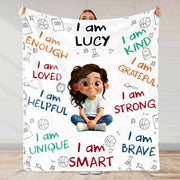 I Am Strong, Brave And Unique, Cartoon Character Blanket - Personalized Custom Blanket - KID243_BLK