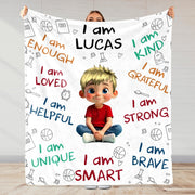 I Am Strong, Brave And Unique, Cartoon Character Blanket - Personalized Custom Blanket - KID243_BLK