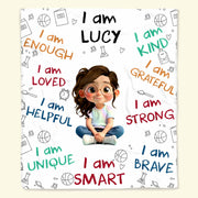 I Am Strong, Brave And Unique, Cartoon Character Blanket - Personalized Custom Blanket - KID243_BLK