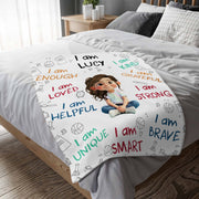 I Am Strong, Brave And Unique, Cartoon Character Blanket - Personalized Custom Blanket - KID243_BLK