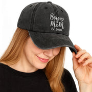 Boy Mom Est With Heart Custom Year - Personalized Custom Washed Denim Cap - MOM291_WDCAP