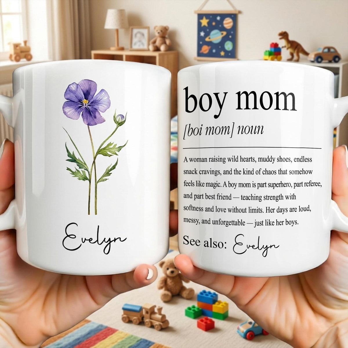 Boy Mom Definition With Custom Birth Month Flower Design - Personalized Custom Coffee Mug - MOM381_MG
