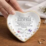The Bond Between An Aunt And Niece Unbreakable Flower Butterfly Heart - Personalized Custom Jewelry Dish, Ceramic Dish, Heart Shape - NCE022_HCRF