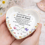The Bond Between An Aunt And Niece Unbreakable Flower Butterfly Heart - Personalized Custom Jewelry Dish, Ceramic Dish, Heart Shape - NCE022_HCRF
