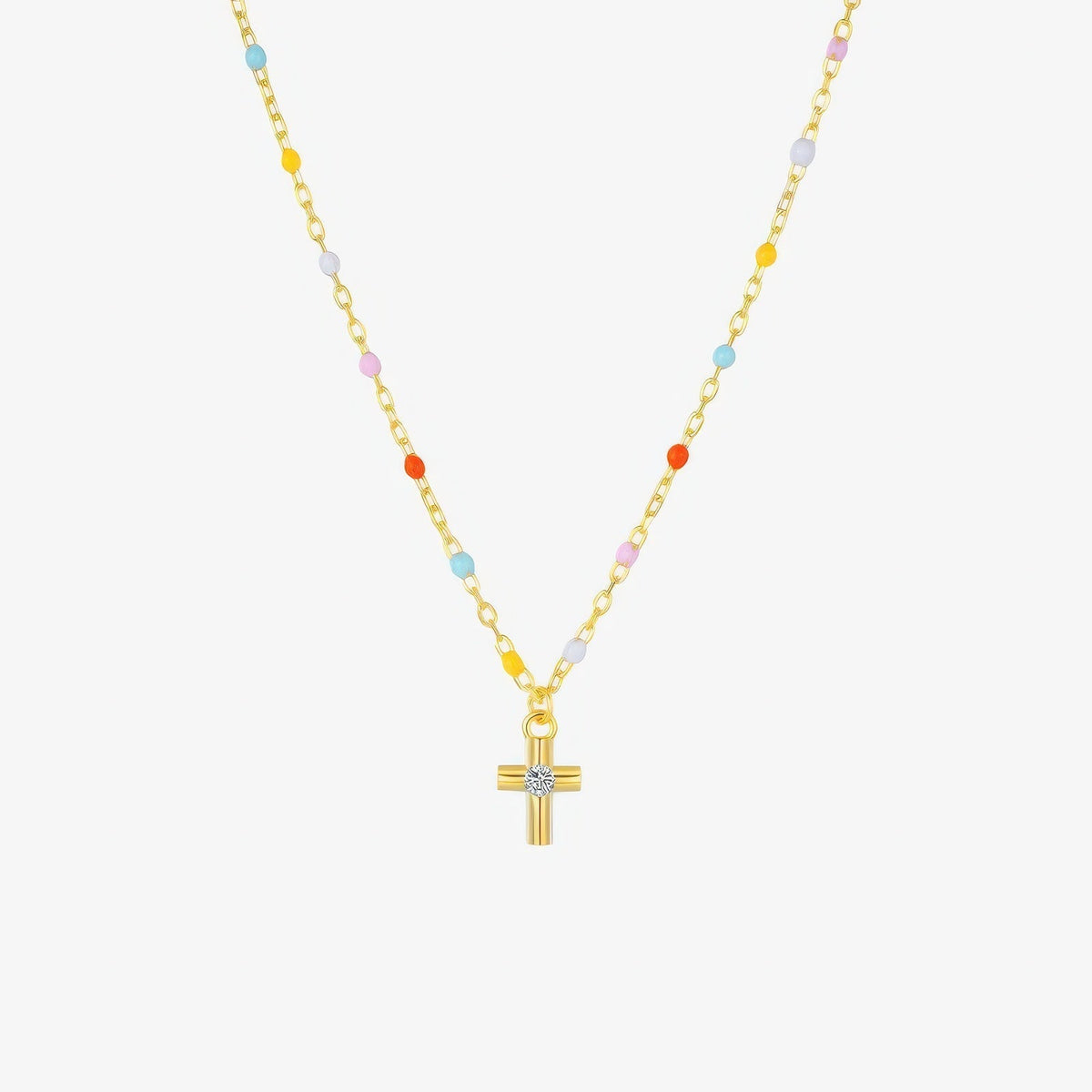 Rainbow Bead Cross Necklace