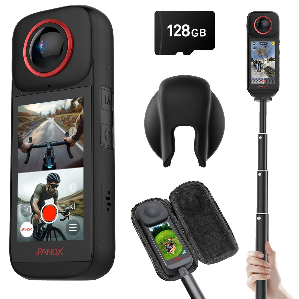 8k 360 WiFi GPS Motorcycle Action Camera Split-Screen Shooting In-Camera Editing, 3 Inch Display, Invisible Selfie Stick, Lens Guards+Protect Case, Micro SD Card For Sports, Travel