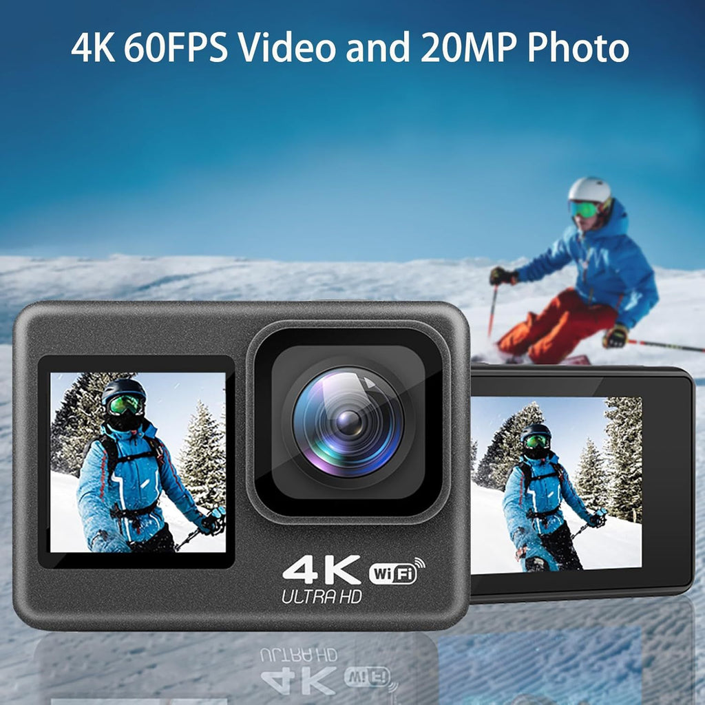 4K Action Camera Ultra HD 4K 60FPS Dynamic Camera, 20MP EIS Action Camera | Dual Screen Wi-Fi Touch Screen 170° Wide Angle Vlog Camera with Remote Control 4x Zoom and 32G Memory Card
